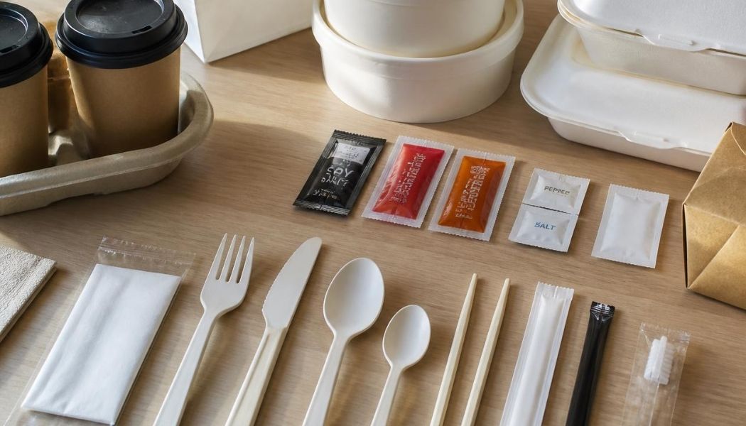 Image of single use plastic items that may be in a takeout bag